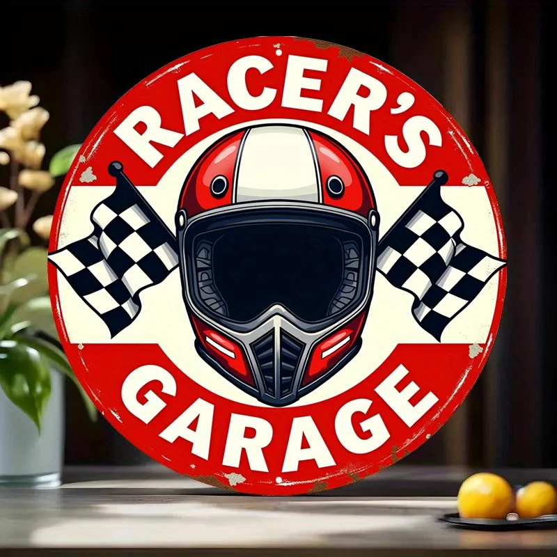 علامة قصدير معدنية لمرآب المتسابق - تصميم علم السباق الرجعية وخوذة صفيح علامات لوحة مستديرة حافة متعثرة جدار الفن اللوحة ديكور