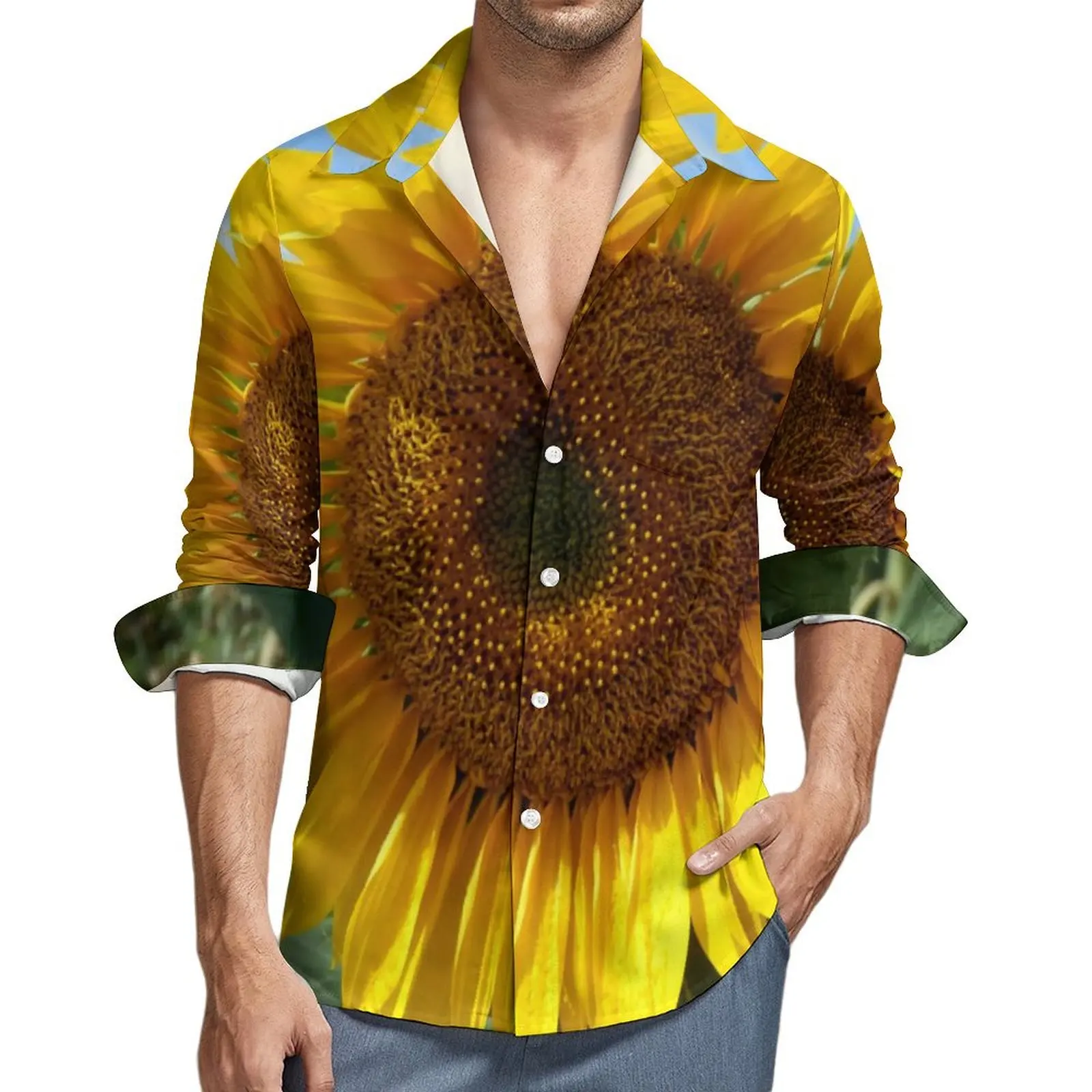 Yellow Flower Blouses Men Big Sunflower Print Shirt Long Sleeve Novelty Stylish Casual Shirts Spring Graphic Clothes Big Size