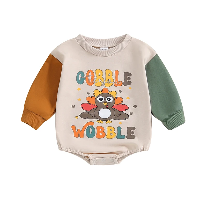 Baby Thanksgiving Sweatshirt Romper Letter Turkey Print Contrast Color Long Sleeve Fall Jumpsuits