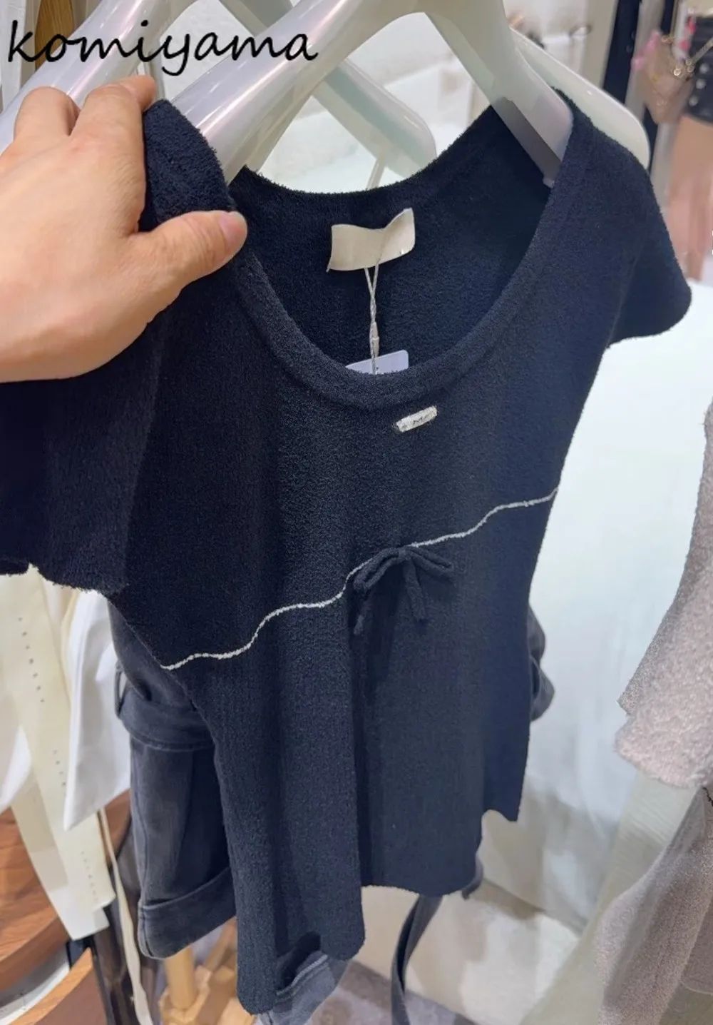 

Вязаная одежда Roupas с контрастным бантом и круглым вырезом с короткими рукавами, Ropa Mujer, простая универсальная женская одежда, японская повседневная одежда, летний свитер