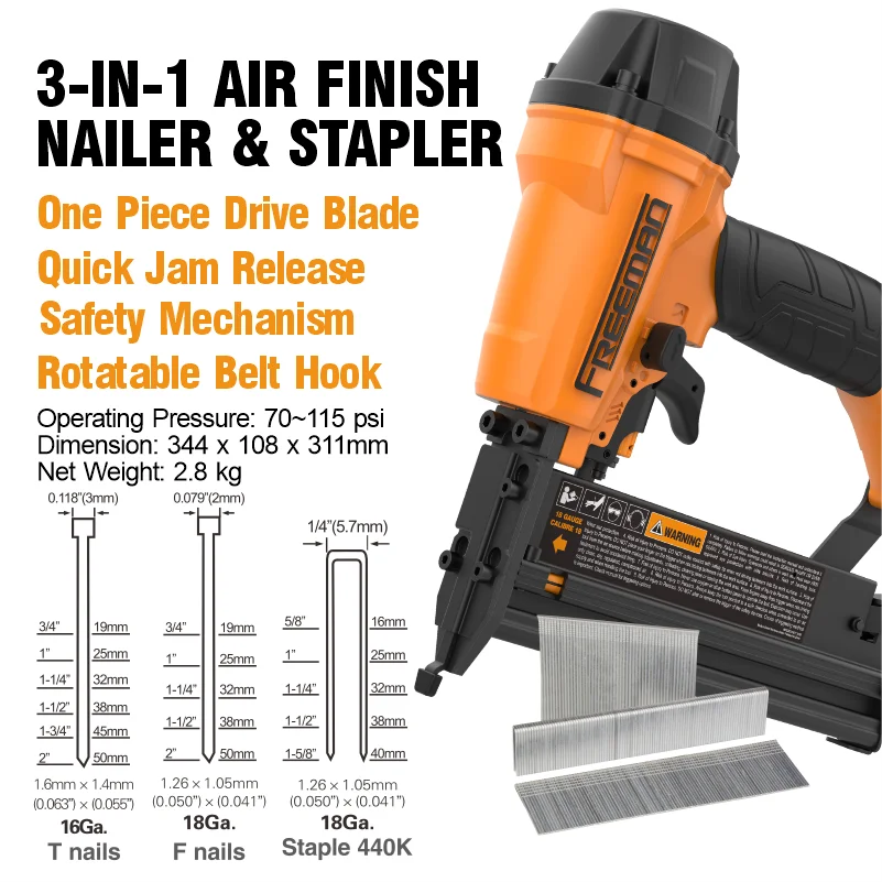Freeman 3In1 18 Gauge Pneumatic Brad Nailer 16 GA T50 Finish Nail Gun and 90 Series Stapler OEM