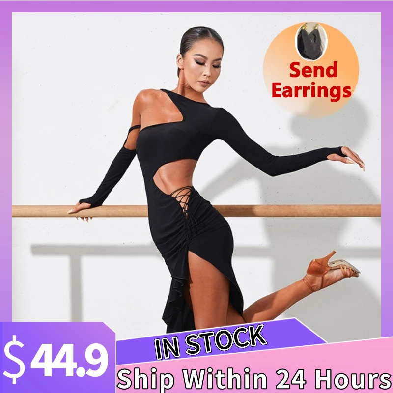 Zym Sexy Groot Halter Cross-Tie Latin Dance Dress Voor Vrouwen Lange Mouwen Split Latin Jurken Rok Ballroom Performance Wear 5745