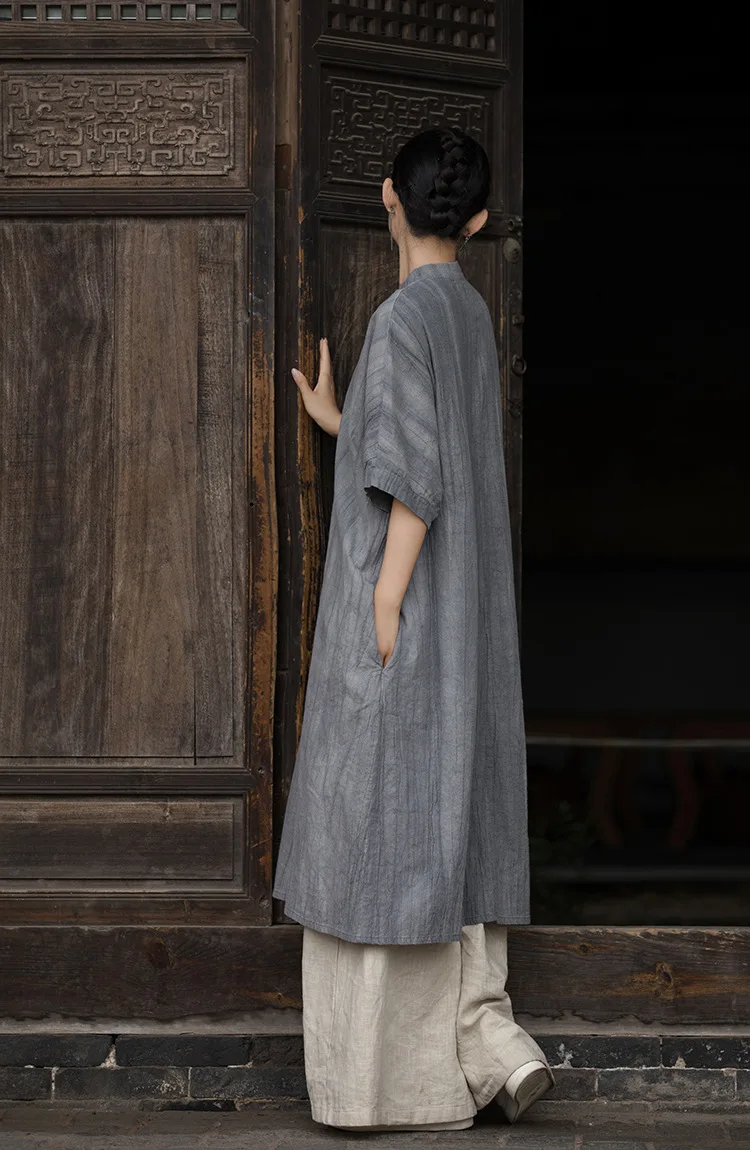 Nieuwe Chinese stijl Vrouwen Ramee Katoen Losse Jurk Chinese Traditionele Effen Kleding Qipao Stand Kraag Met Diagonale Revers Jurk