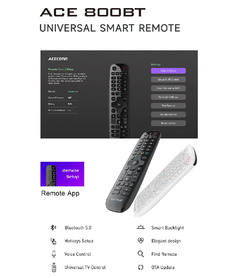 ACECONN ACE800BT Remote Control Auto learning Voice Set with Hotkeys/Voice Control/Auto-Setup/OTA Updates compatible with VPlus