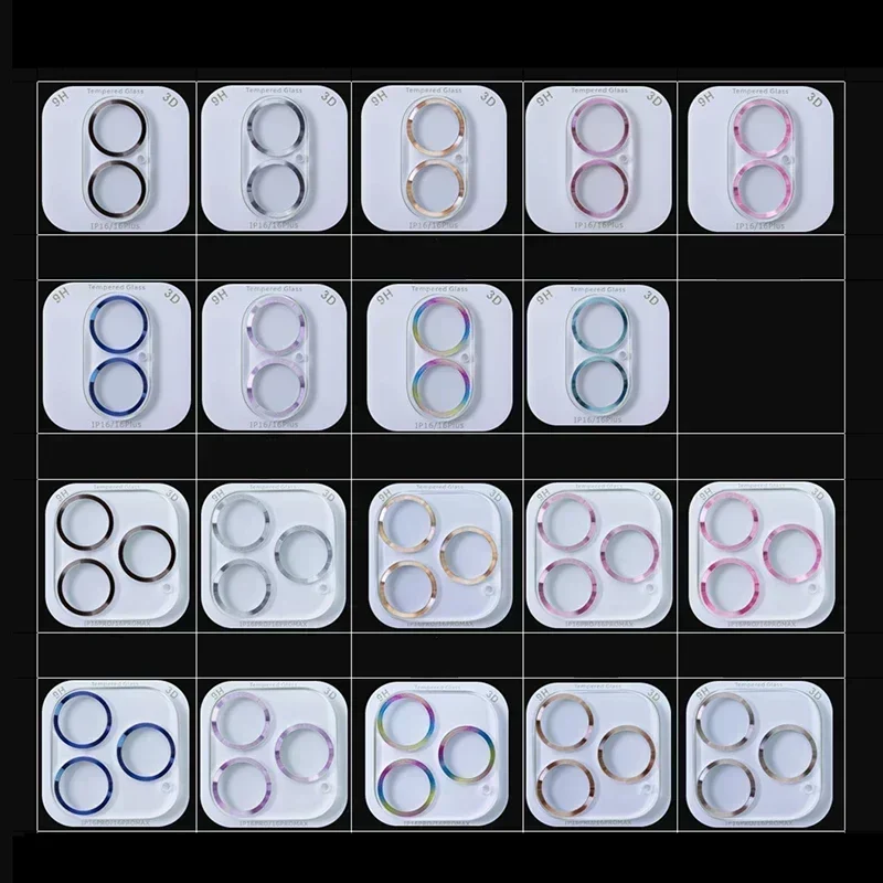 ฟิล์มกันรอยเลนส์กล้องสำหรับ iPhone 16 15 14 Pro Max Plus 12 13 Mini 17 วงแหวนโลหะ กระจกนิรภัย ป้องกันเต็มจอ