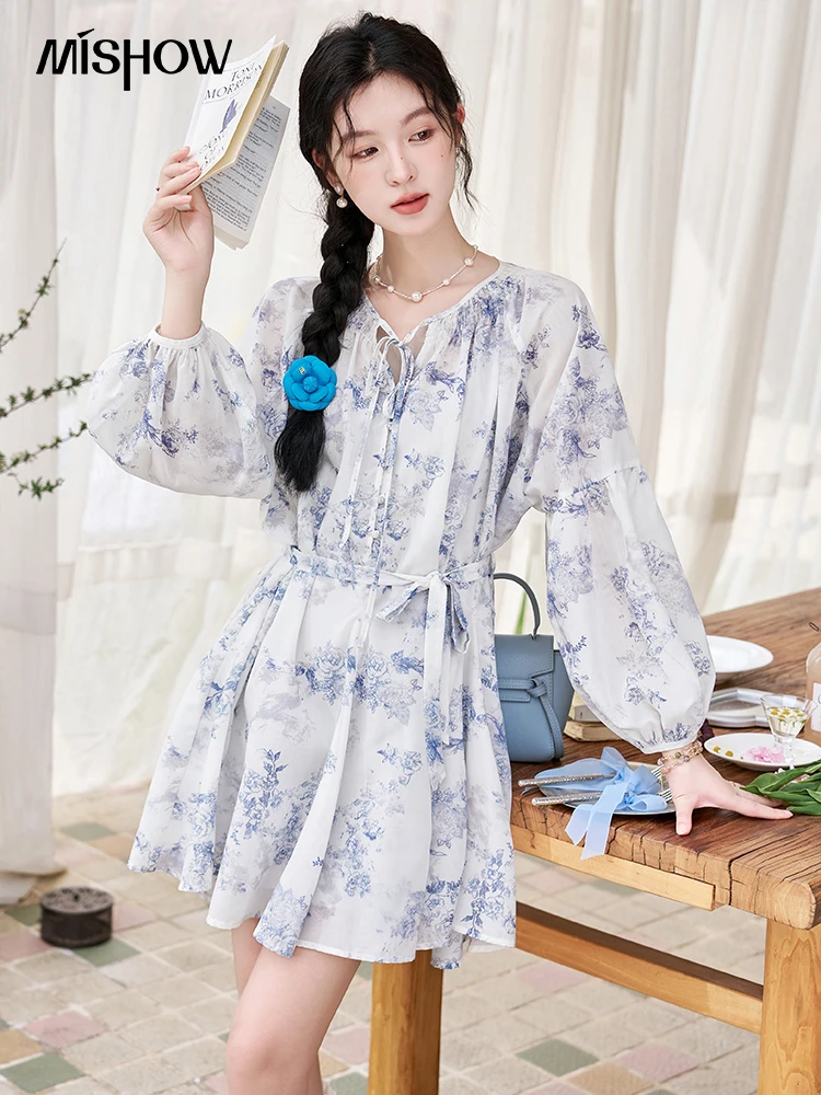 

MISHOW Fairy Temperament Floral Puff Sleeved Chiffon Dress Spring Summer 2024 Lace-up O Neck Waist Knee-Length Dress MXD14L1681