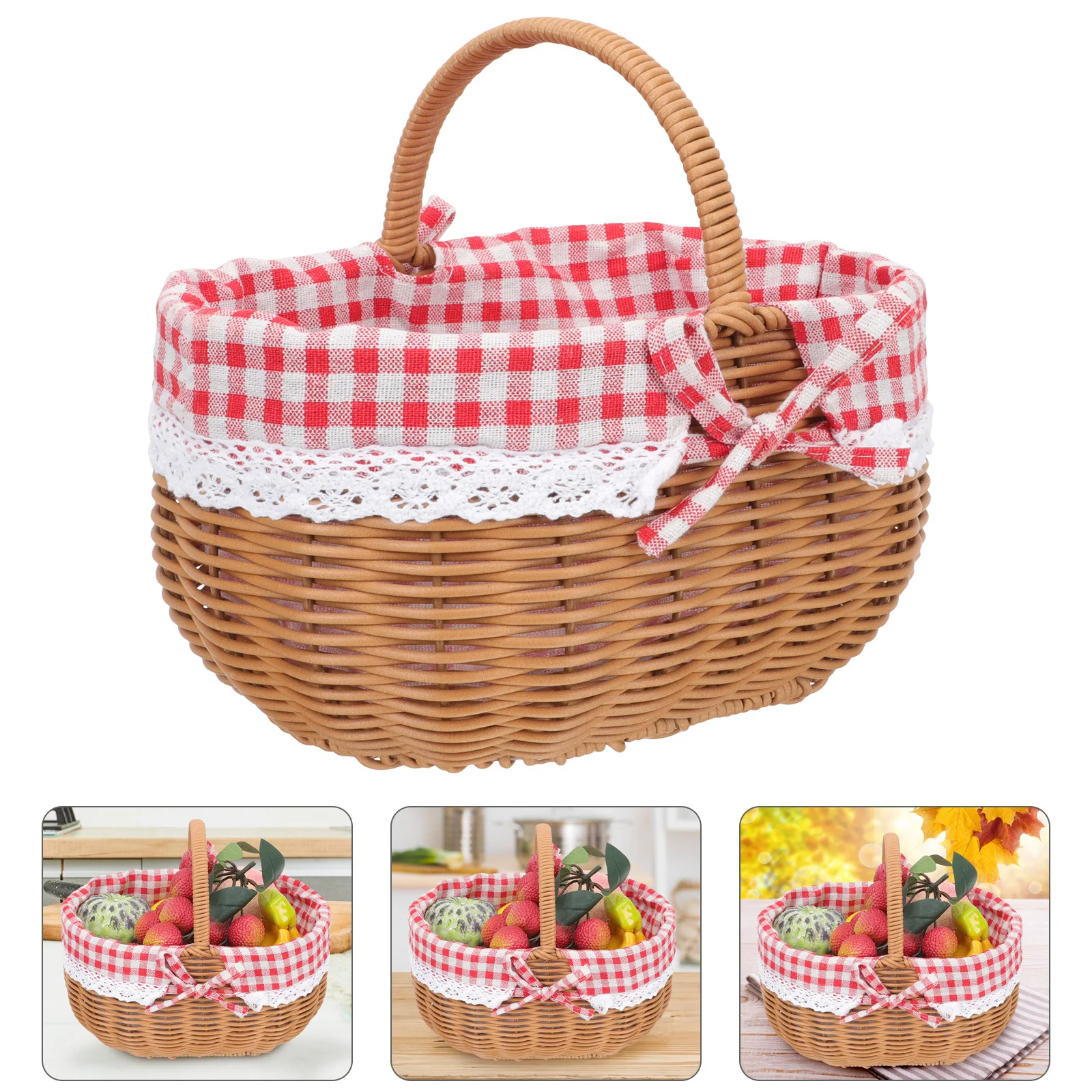 

Hand Woven Storage Basket Premium Imitation Rattan Fruit Vegetable Organizer Portable Picnic Snacks Container Household Kitchen
