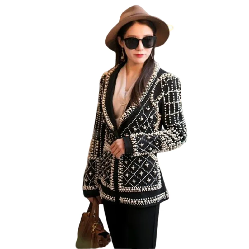 

2022 Women New Black Pearl Blazer Jacket Nightclub Costume Female Guest Ds Singer Dj Performance Party Celebration High Quality