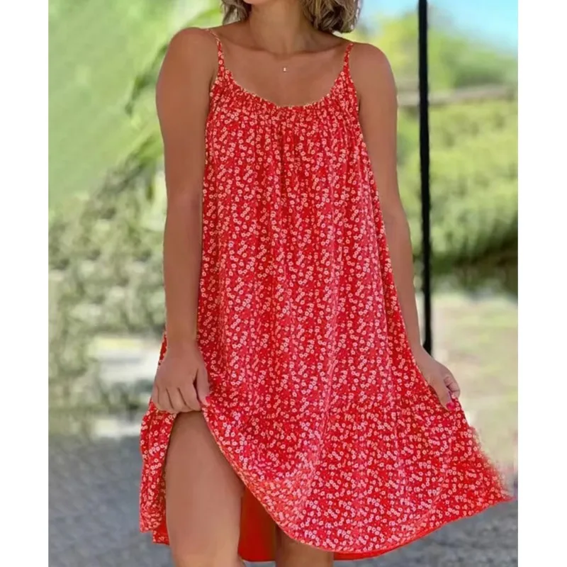 2024 Summer Fashionable And Comfortable Style Large Swing Fragmented Flowers Sleeveless U-Neck High Waist Strap Large Size Dress