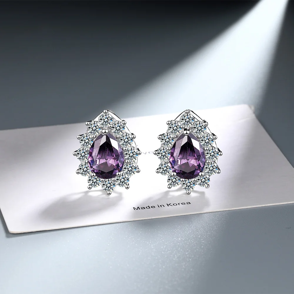 Pear Cut Genuine Natural Purple Amethyst 925 Sterling Silver Waterdrop Stud Earring for Women Fashion Gemstone Jewelry Oorbellen