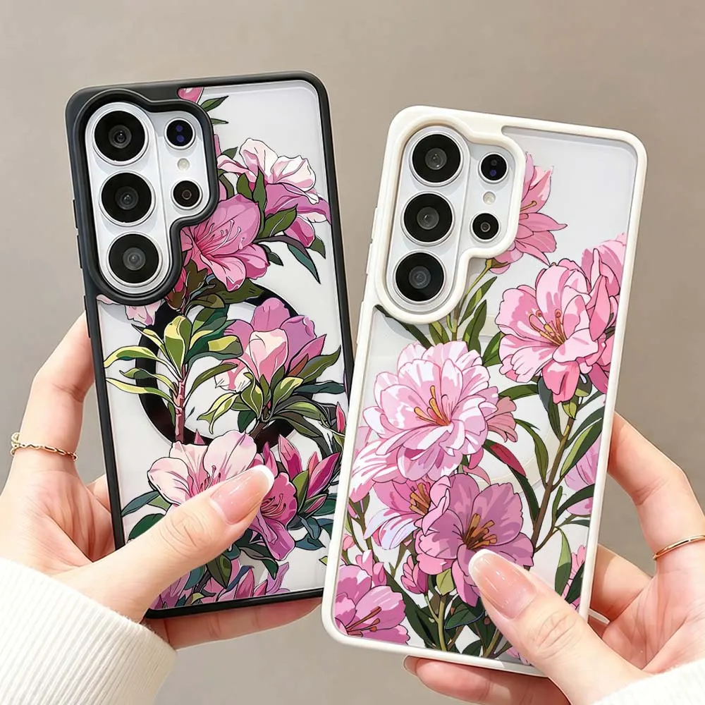 Luxury Pink Floral Pattern Phone Case For Samsung Galaxy S26 S25 S24 S23 FE Plus Ultra Wireless Charge Magnetic Magsafe Cover
