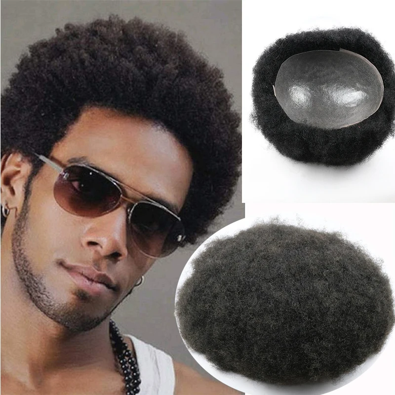 4mm 6mm Afro Curly Jet Black Toupee for Men Human Hair Durable Full Skin Base African American Wigs Male Prosthesis with Knots