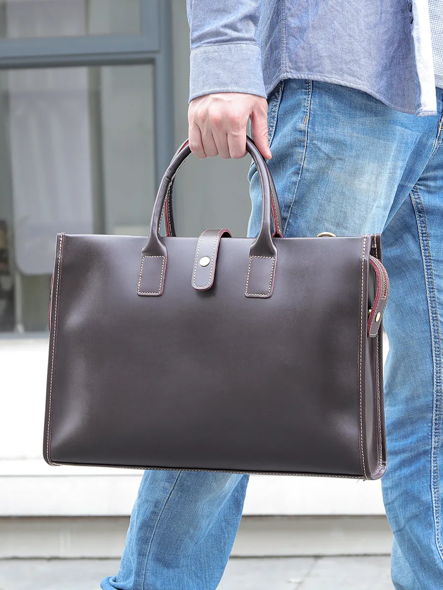 Men's Leather Business Briefcase Laptop Bag Handbag with Shoulder Strap