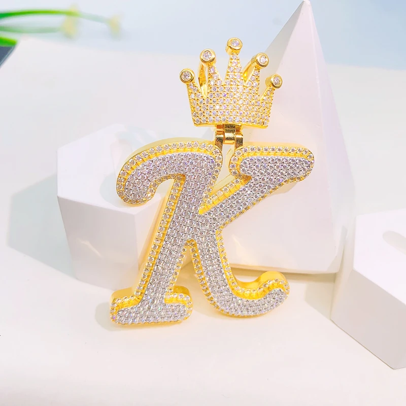 Hiphop Iced Moissanite Crown K Letter Pendant Women Men 925 Sterling Silver Moissanite Diamond 26 Alphabet Pendant Plated 2 Tone