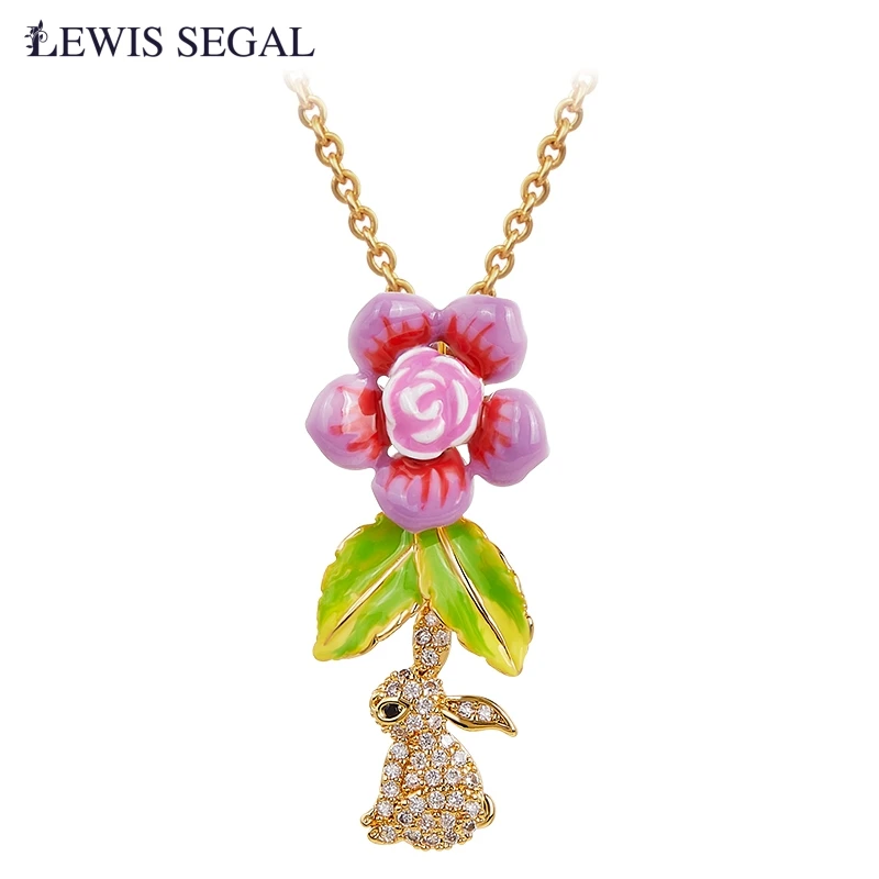 

LEWIS SEGAL Fancy Large Pink Flower Tassel Necklace Pendant Natural Style 18K Gold Hand-painted Enamel Fine Jewelry Women Girls