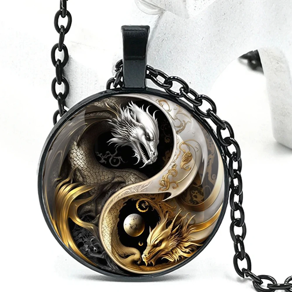 Yin and Yang Dragon Fashion Pendant Necklace Pendants Glass Dome Jewelry Accessories for Women Men Personality Gift