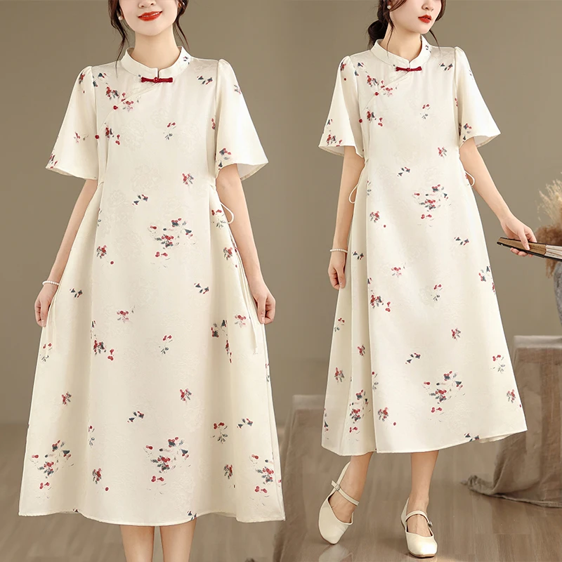 

Retro Chinese Style Short Sleeve Embroidered Print Dress Stand Collar Gown Loose Fit Summer City Walk Polyester Fiber