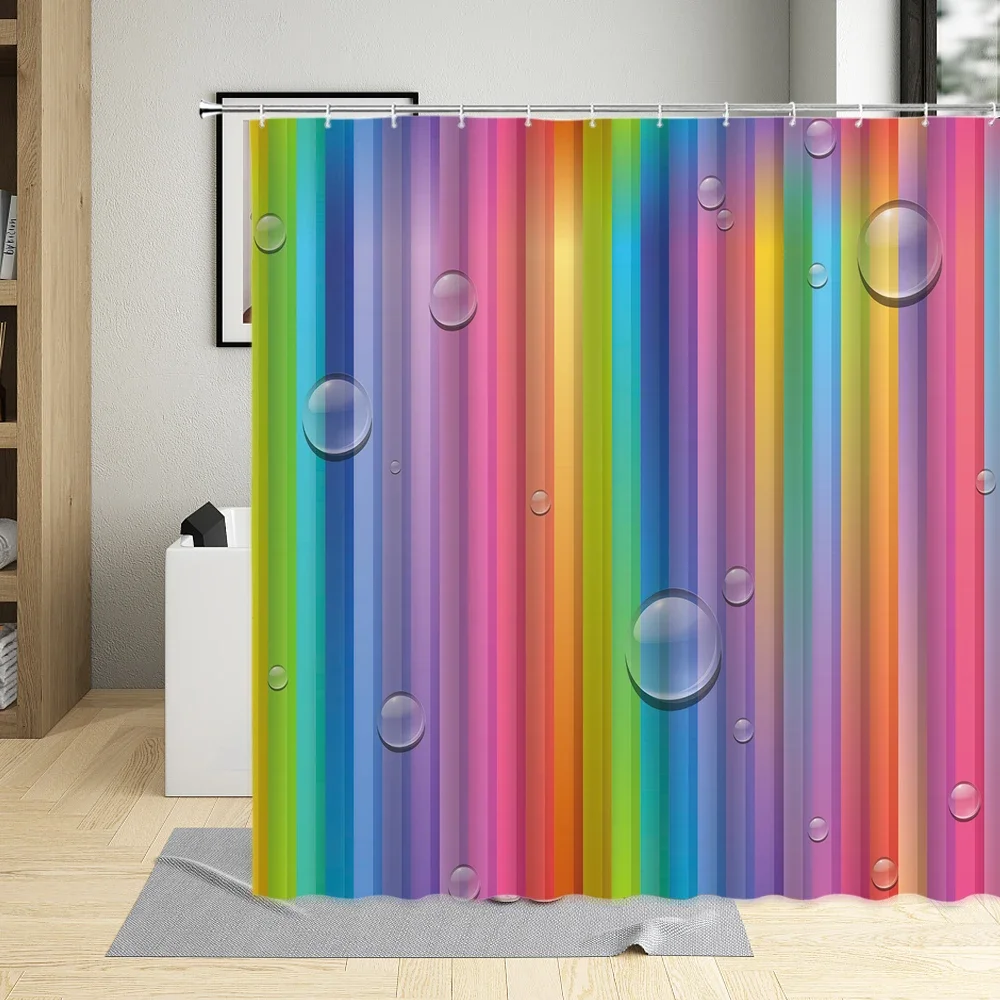 Abstract Rainbow Lines Water Drop Shower Curtain Colorful Art Poster Raindrops Bubble Creative Waterproof Bathroom Curtains Set