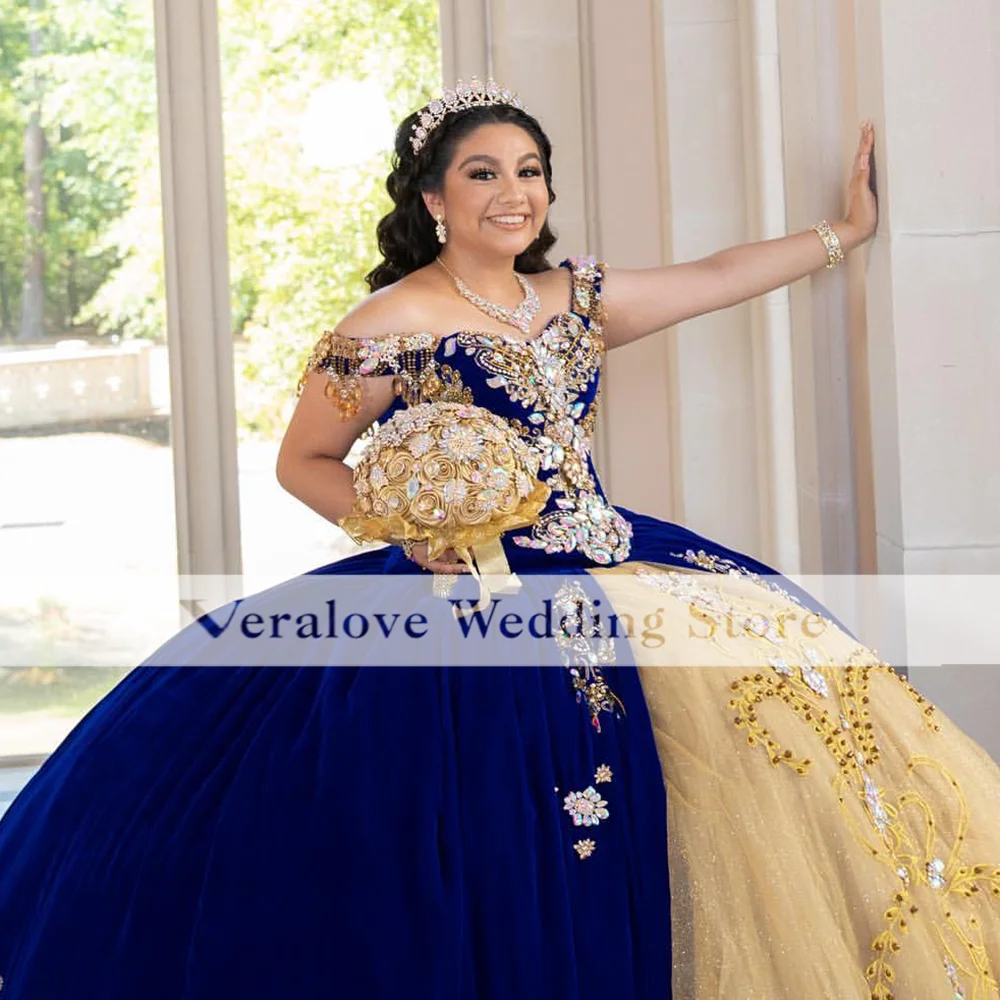 Royal Blue Quinceanera Dresses Velvet Beads Crystal Sweet 16 Mexican Girls Prom Gowns Ruffles vestidos de 15 años Custom Size