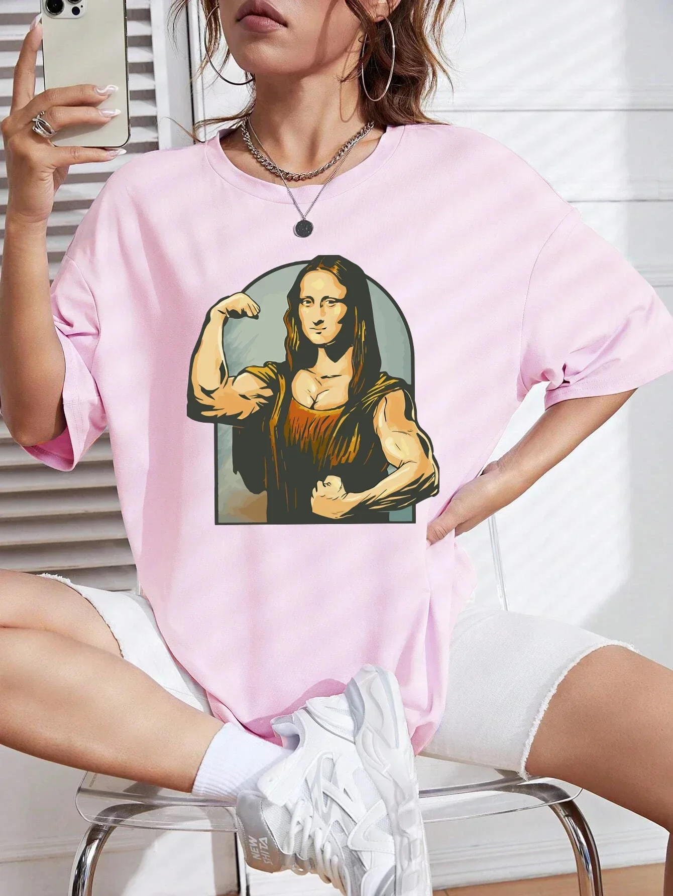 Jugando bromas en الموناليزا اللياقة البدنية estampado camiseta para mujer camiseta عادية pantalón corto manga suelta camiseta #3