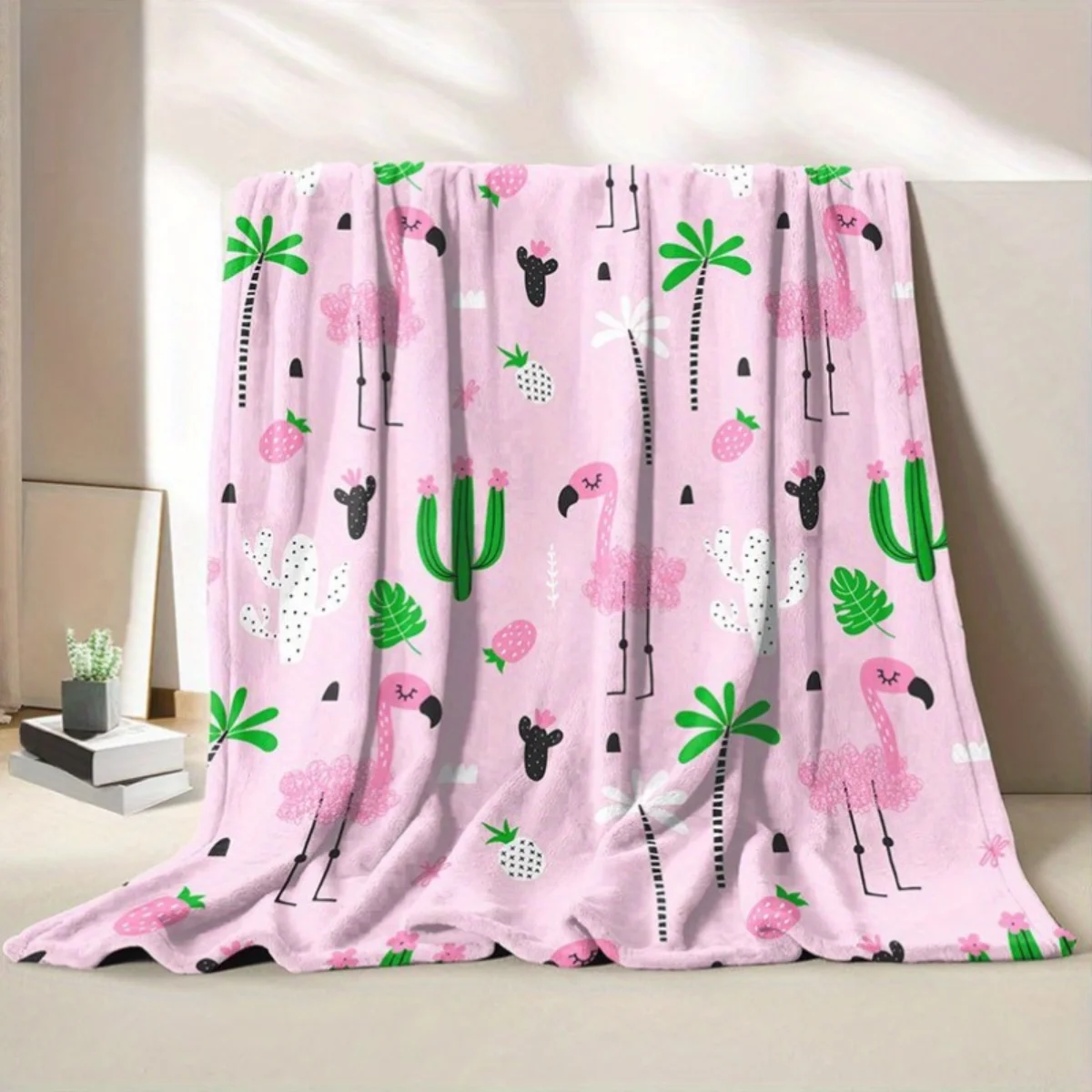 بطانية الفانيلا المطبوعة بالفلامنغو والصبار - دافئة ومريحة، مثالية للأرائك والمكاتب والأسرة والتخييم وعيد الميلاد. #4