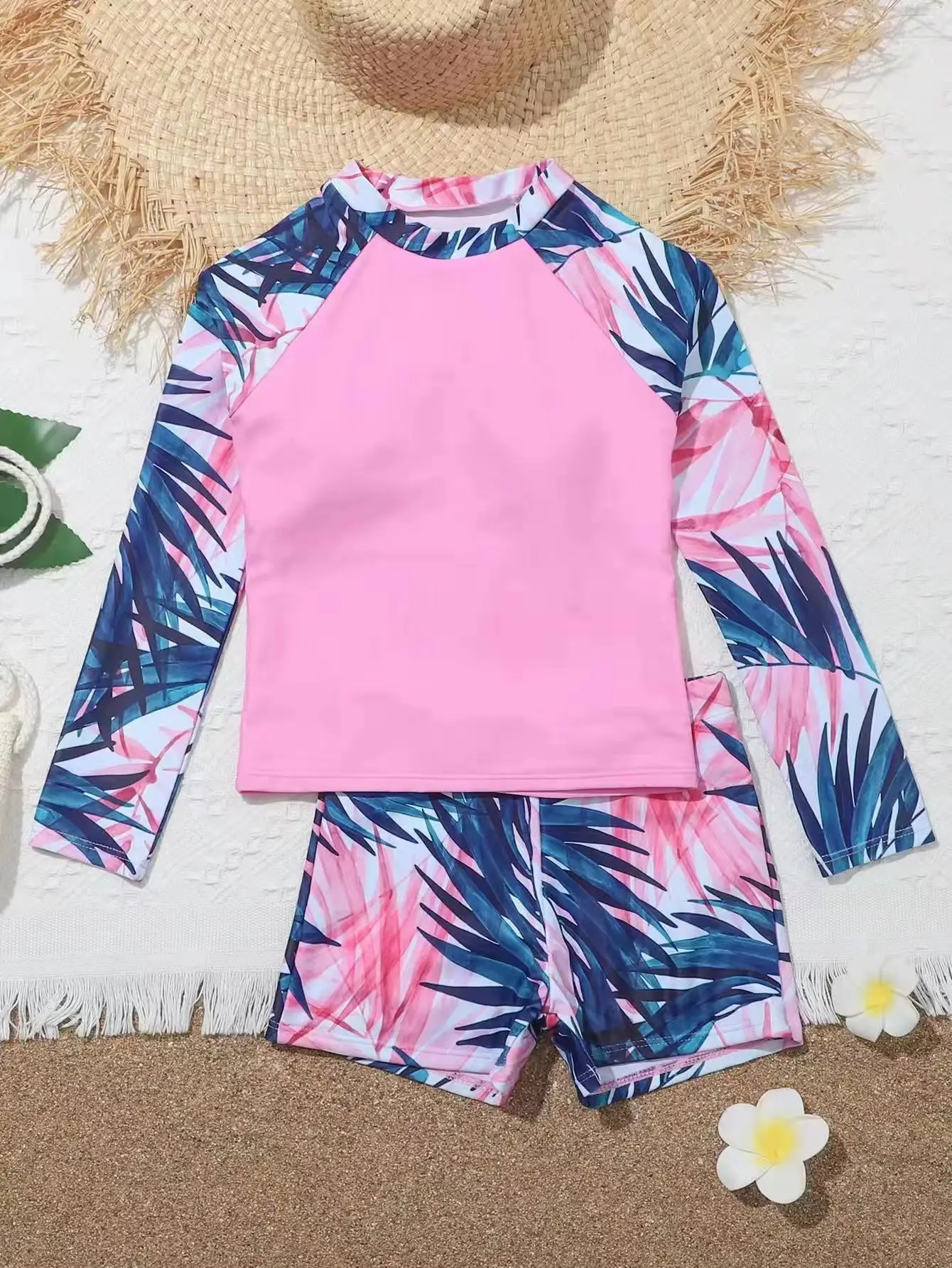 Girl Swimsuit 2024 New Pink Print Long Sleeve Children Swimwear Summer Kids Beach Wear Shorts Swimming Bathing Suit For Girls