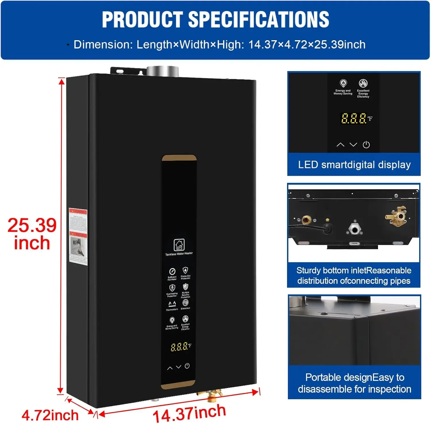 Water Heater Propane,Instant Hot Propane Gas Water Heater,Indoor 3.18 GPM,Constant Propane Water Heater with Fahrenheit Digital