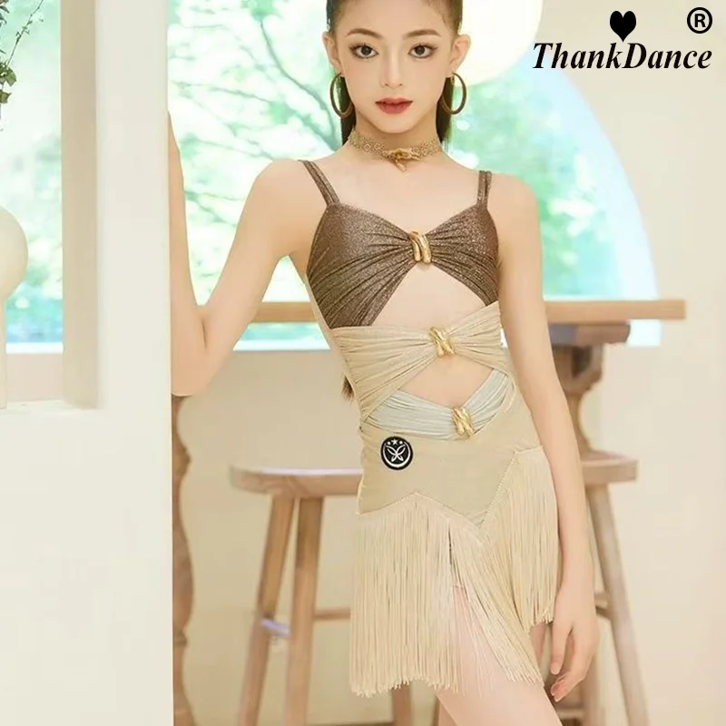 

Платье для латинских танцев для девочек, профессиональный костюм для соревнований с бриллиантами и кисточками для взрослых и детей, высококачественный сценический костюм на заказ, костюм для танго