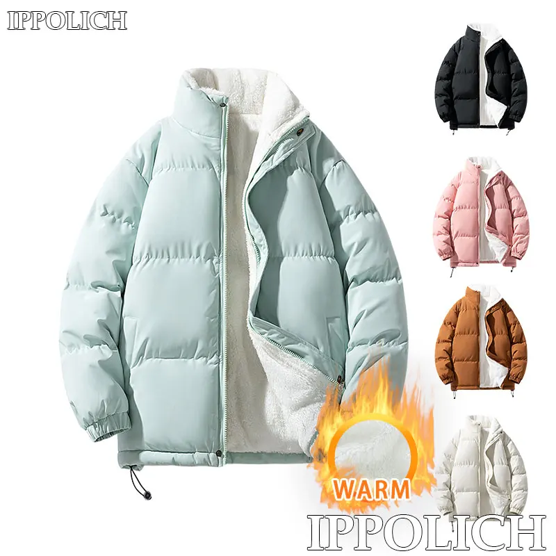 Couple Warm Jacket Warm Windproof Solid Color Stand Collar Casual Sports Jacket Winter Outdoor Casual Sports Running Warm Jacket