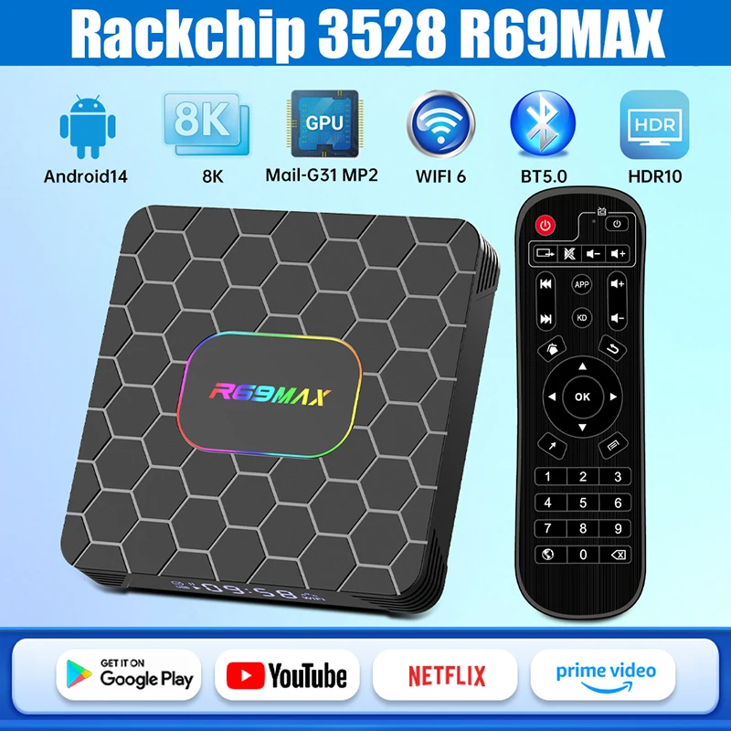 

R69 MAX Android 14 Smart TV Box Rockchip RK3528 Quad-core 8K HD Bluetooth5.0 Media Player Set-Top Box Support Google Netflix