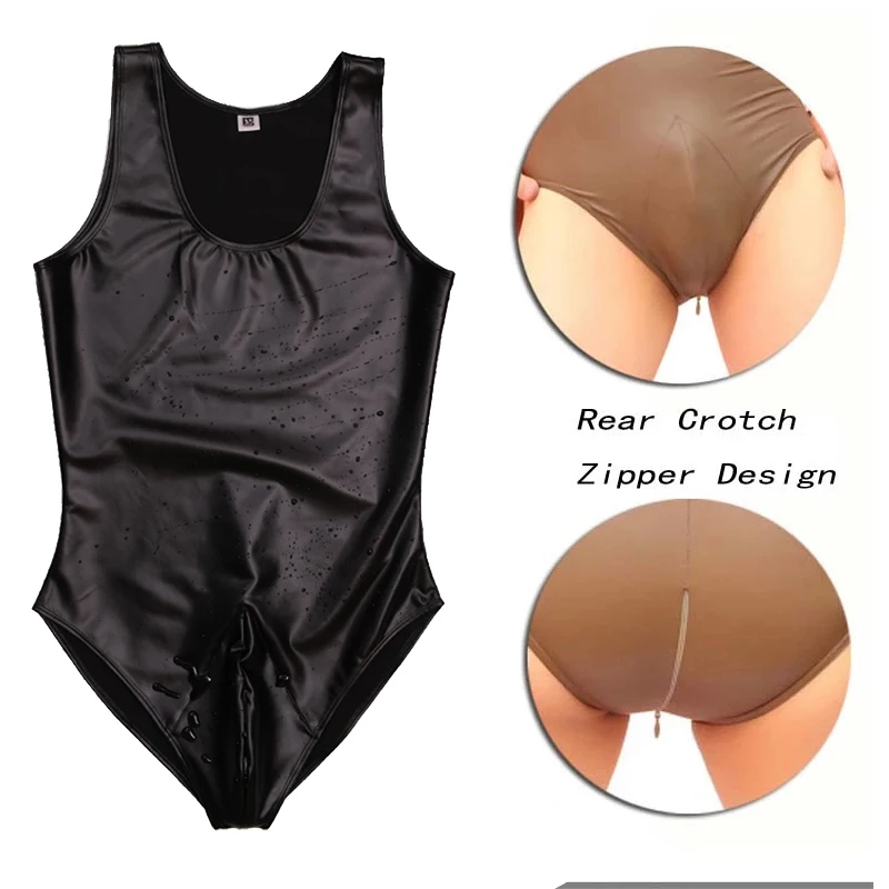 

Tight One-Piece Vest Thin High Elastic PU Latex Ammonia Body Shaping Underwear Matte Imitation Leather Zip Open Crotch Bodysuits