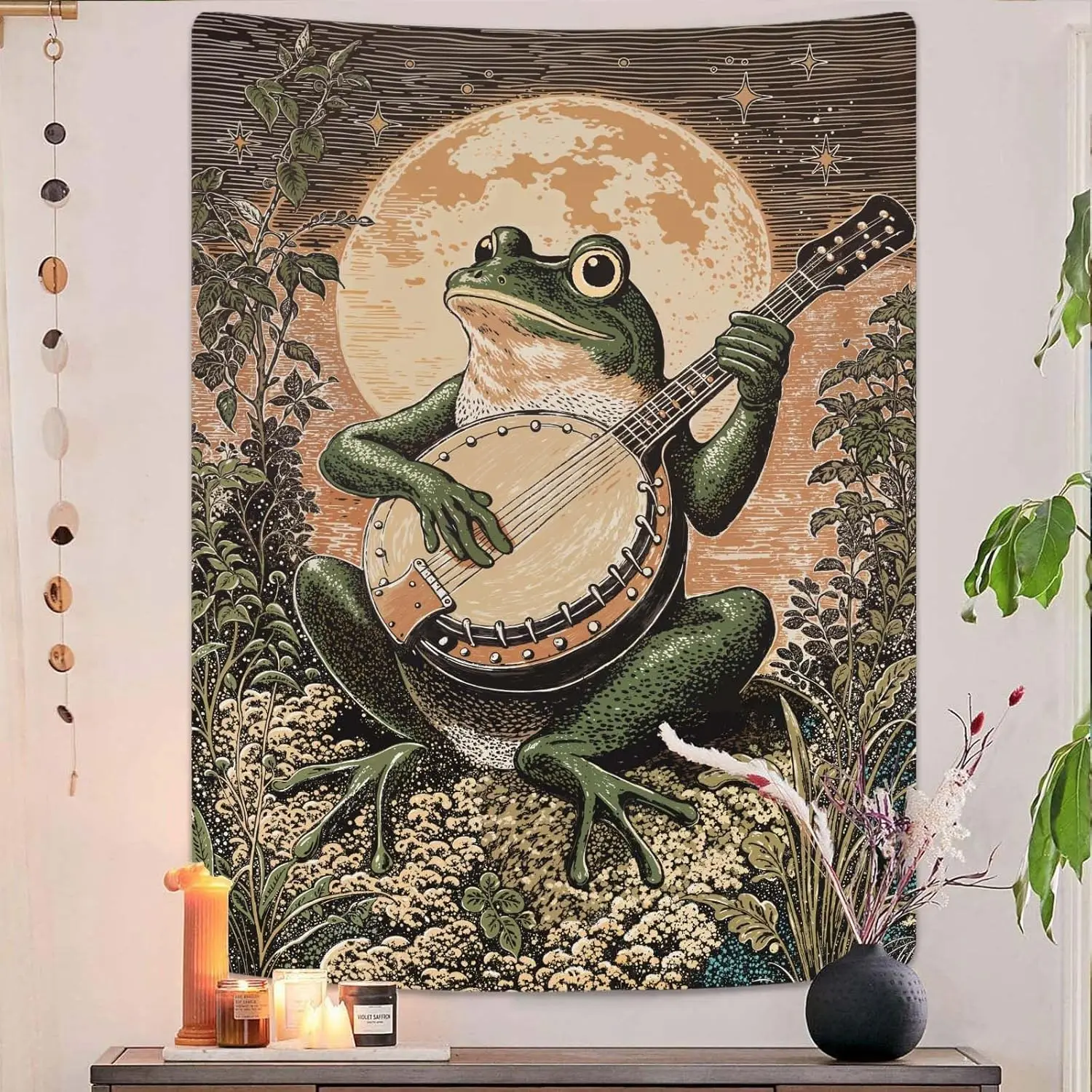 Hippie Frog Banjo Tapestry, Moon Night Forest Animal Wall Hanging, Retro Psychedelic Tapestry for Home Bedroom Dorm Decor
