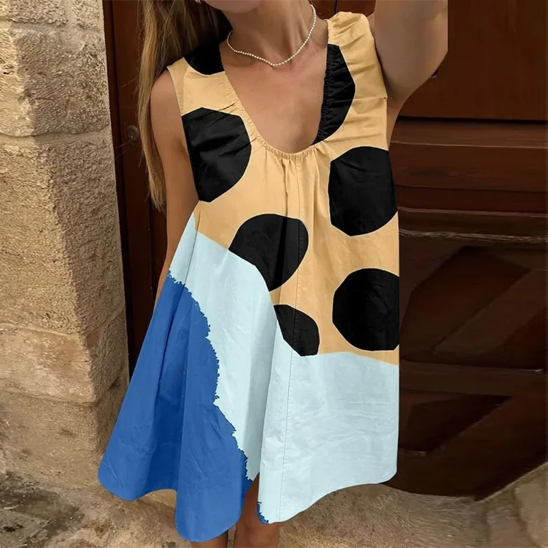 Summer Sleeveless Dot Print Boho Woman Dress New Casual Contrast Color A-Line Long Dress Elegant Loose Simple U Neck Beach Dress
