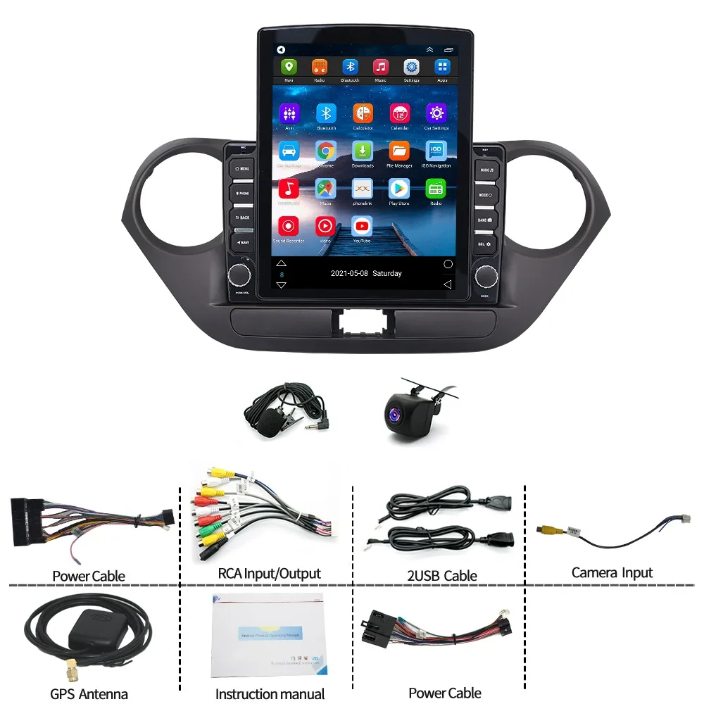 9.7 بوصة (الببتيد الأيسر - Little King Kong) Carplay المدمج + Android auto/2 + 64G لملاحة السيارة 14-19 Hyundai i10 Android 15