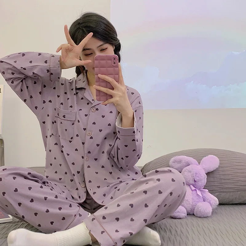 Women's Four-season New Style Outerwear Pajama with A Collar, Long Sleeves, Long Pants Pajama, Purple Home Wear Two-piece Set