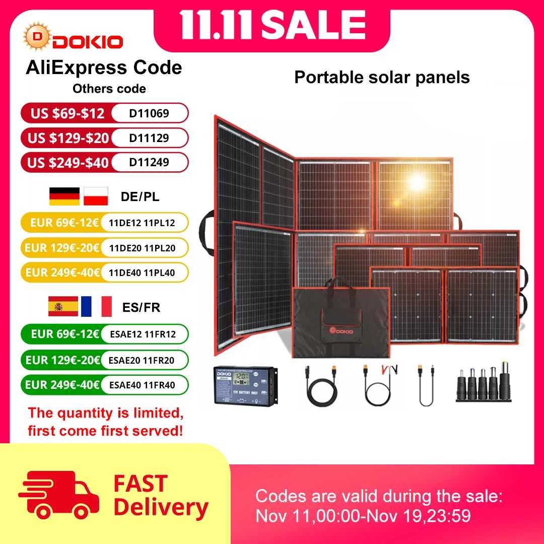 Dokio Flexible Foldable Solar Panel High Efficience Travel & Phone & Boat Portable 12V 80w 100w 150w 200w 300w Solar Panel Kit