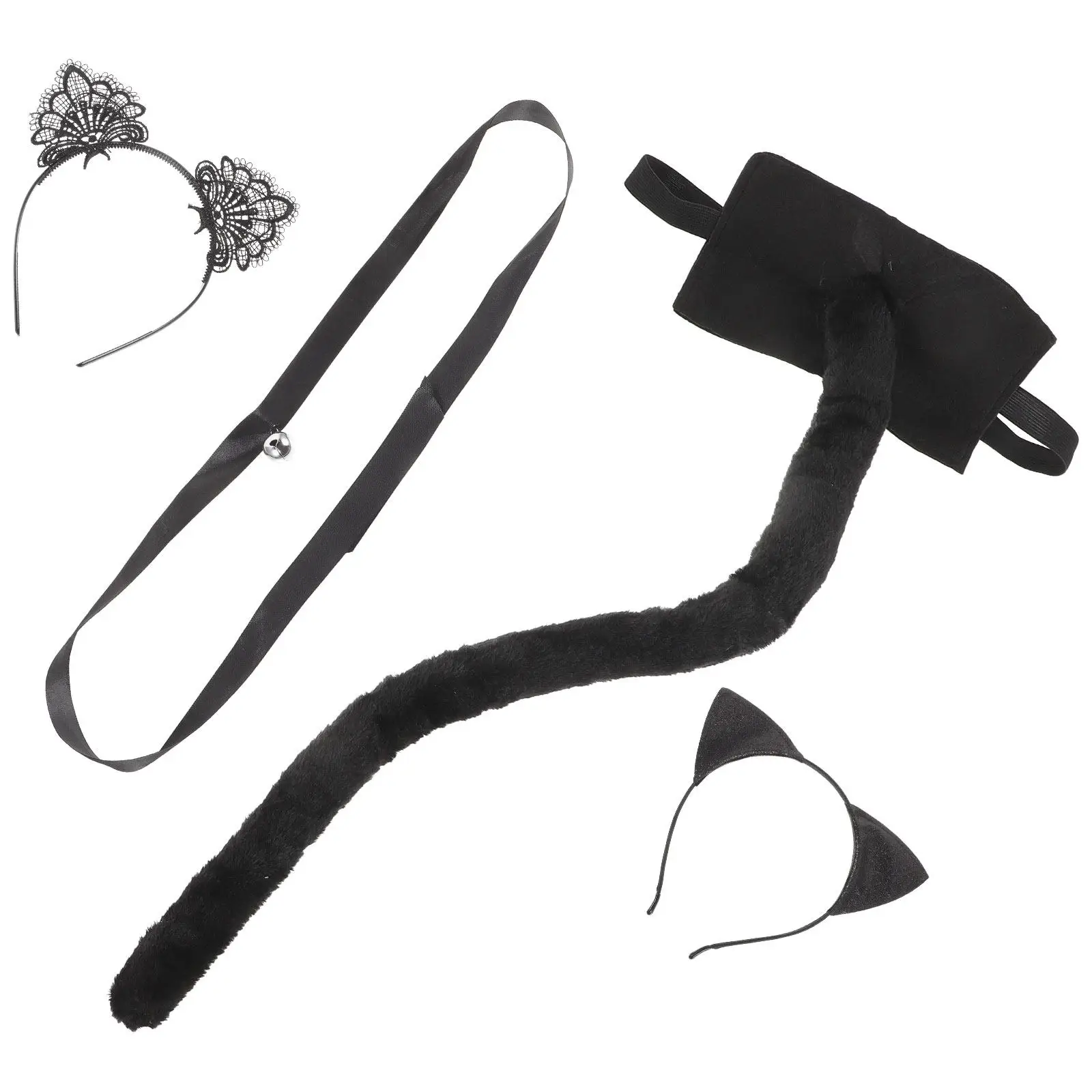 Cute Cat Ears Headb 65cm Black Tail Women Costume Halloween Accessories Fabric Set for Cosplay Party Decorative Adornment