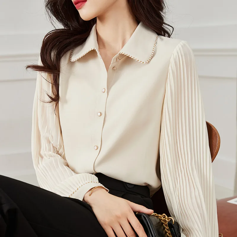 #2538 Beige Pleated Puff Sleeve Shirt Women Korean Style Office Shirt Female Turn-down Collar Chiffon Womens Tops And Blouses