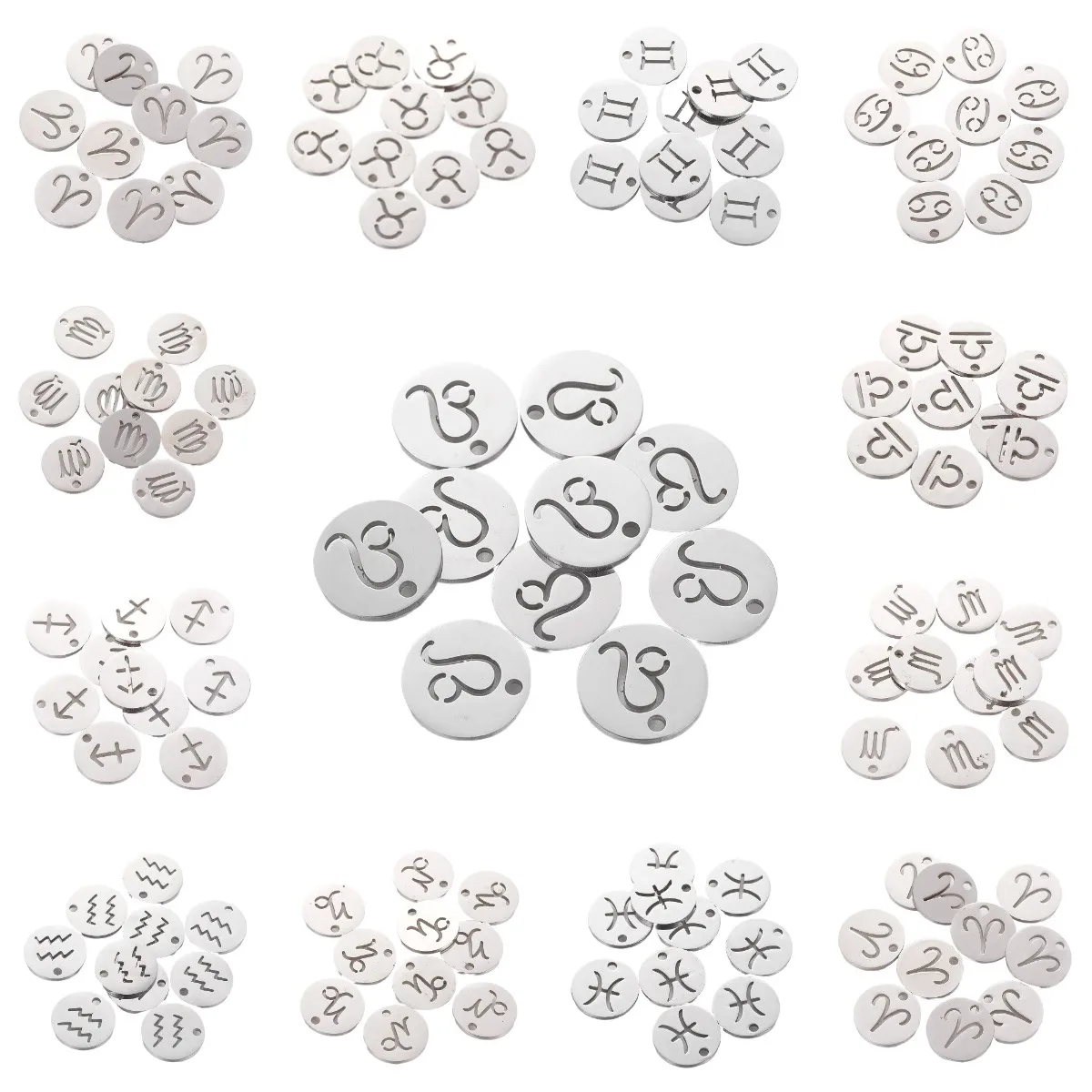 10pcs 304 Stainless Steel Charms Flat Round Constellation Metal Pendant DIY Necklace Bracelet Valentine's Day Jewelry Findings