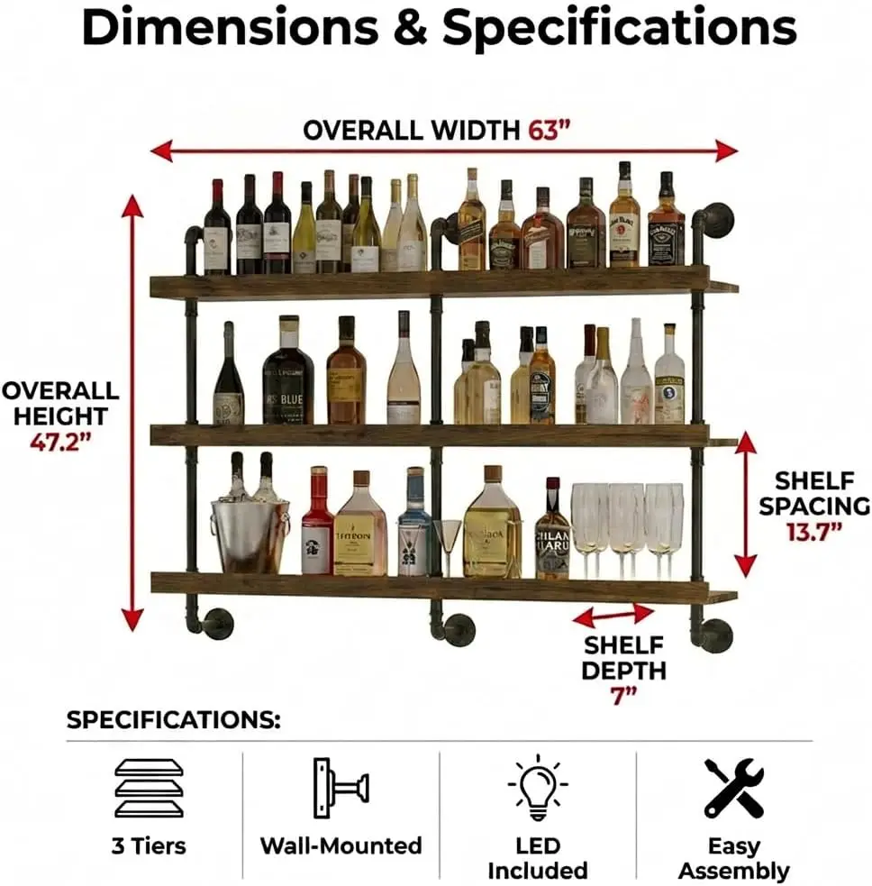 Wall Mounted Wine Rack With LED Light Three Tier Floating Bar Shelf For Liquor Bottle Display Storage Modern Wine Holder Organizer For Kitchen Home Bar Dining Room Black view 2