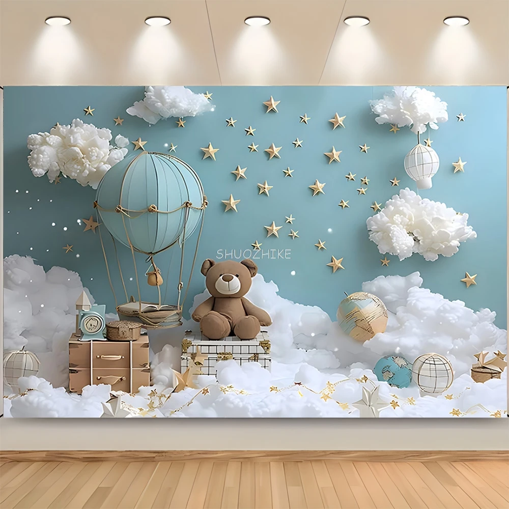 

Hot air Balloon And Clouds Happy Birthday Photography Background Holiday Baby Children Party Photo Studio Backdrops VX-10