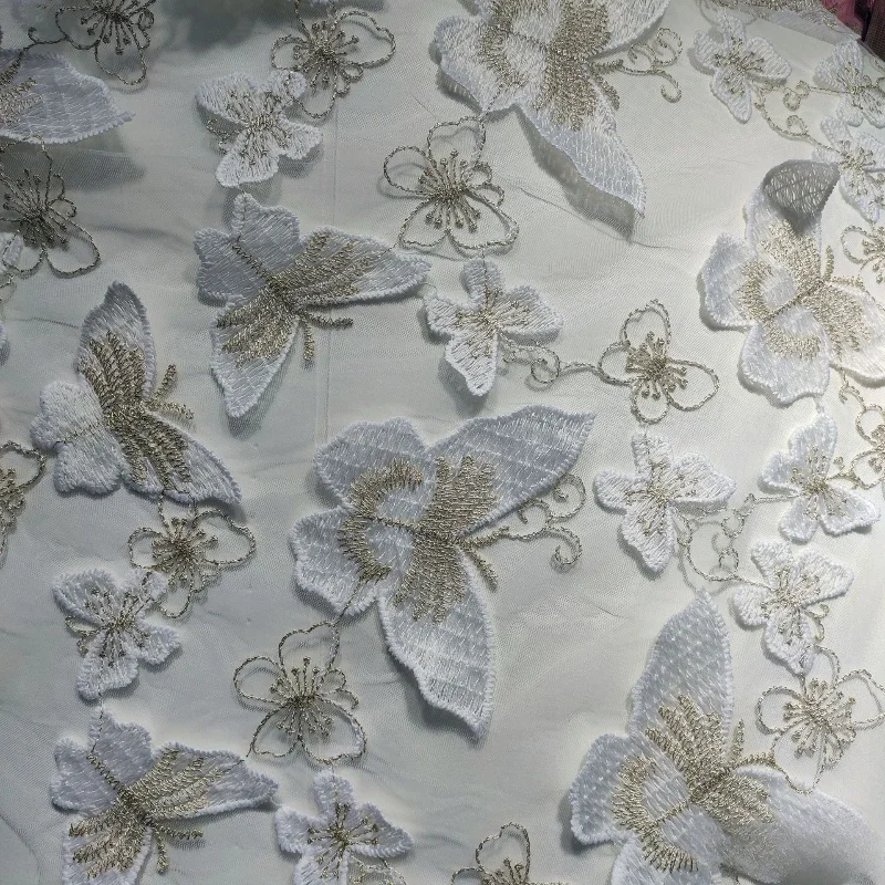 Butterfly Flower Lace Fabric Wholesale Gold Wire Three-dimensional Two-color Woven Elastic Screen Embroidery Fabric By Yard