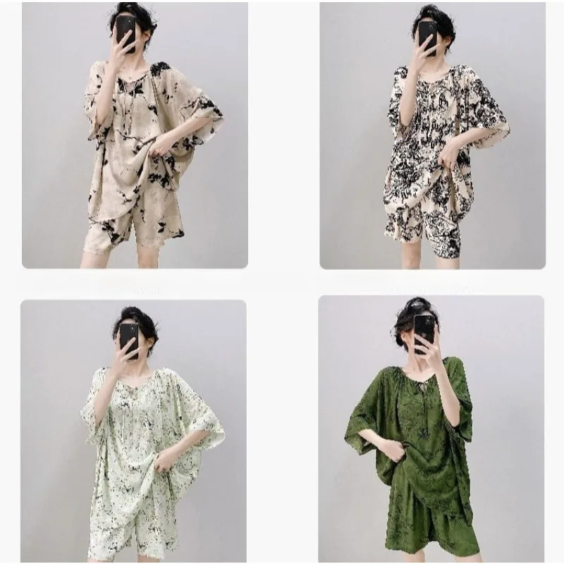 

Women's new cotton and silk pajamas short-sleeved shorts, simple printed two-piece set, thin loungewear that can be worn outside