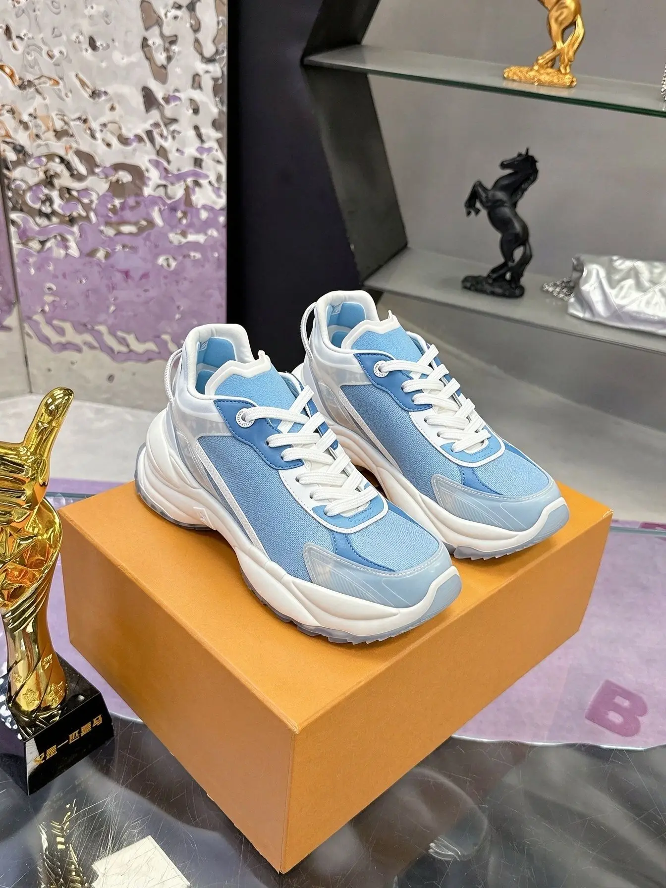 Women Blue White Color Block Chunky Sneakers Breathable Mesh Leather Splicing Streamlined Thick Platform Sole Lace Up Height Increasing Street Dad Shoes