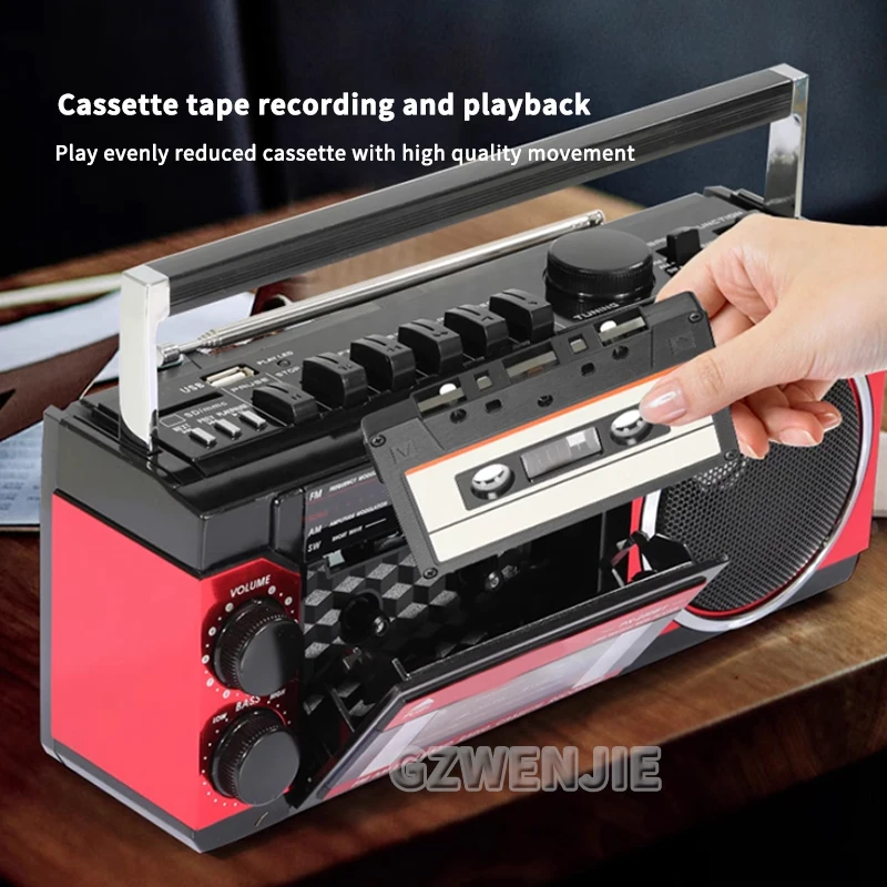 Portable Vintage Retro USB AM/FM/SW Multiband Radio Stereo Wireless Bluetooth Boombox Mp3 Audio Cassette Tape Player Recorder