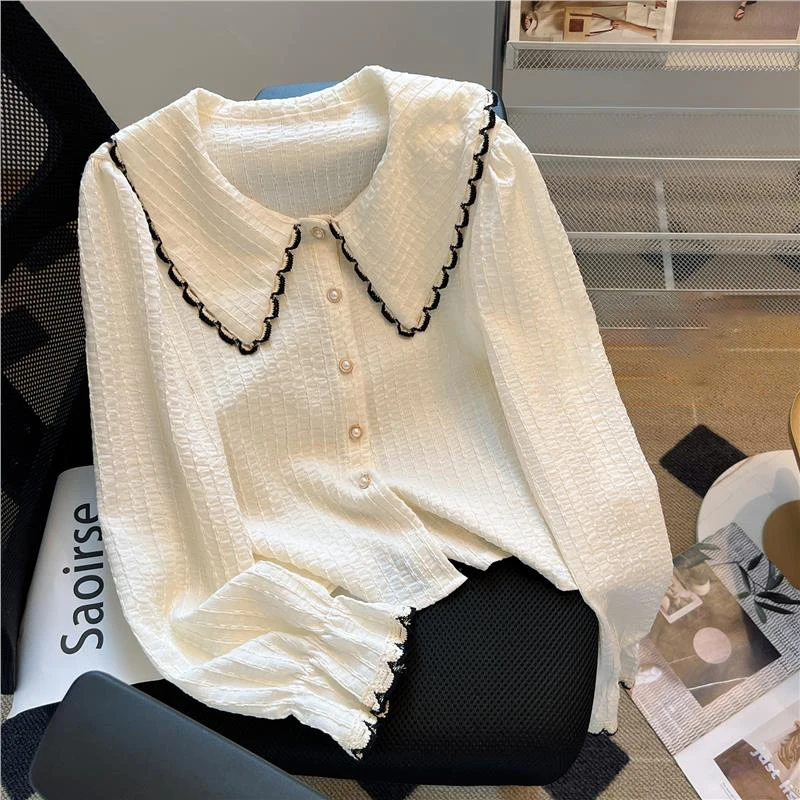 

French Style Women Long Sleeve Shirt Sweet Puff Sleeve Plaid Casual Blouse Spring Single-breasted Shirt Tops
