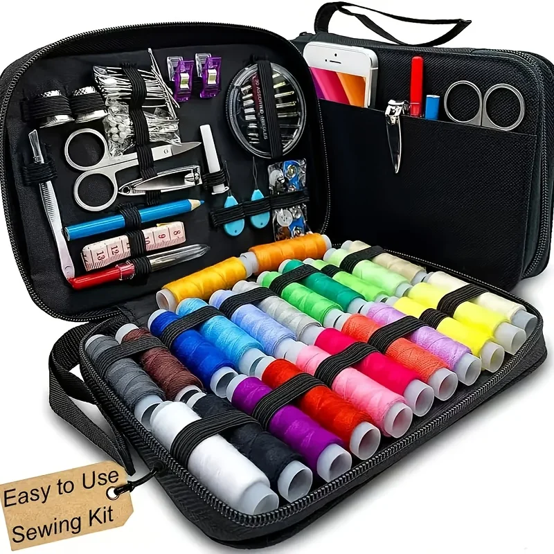 A Compact Travel Sewing Kit That Includes Needles, Threads, Scissors, And Other Emergency Repair Items, Featuring a Mix of Basic