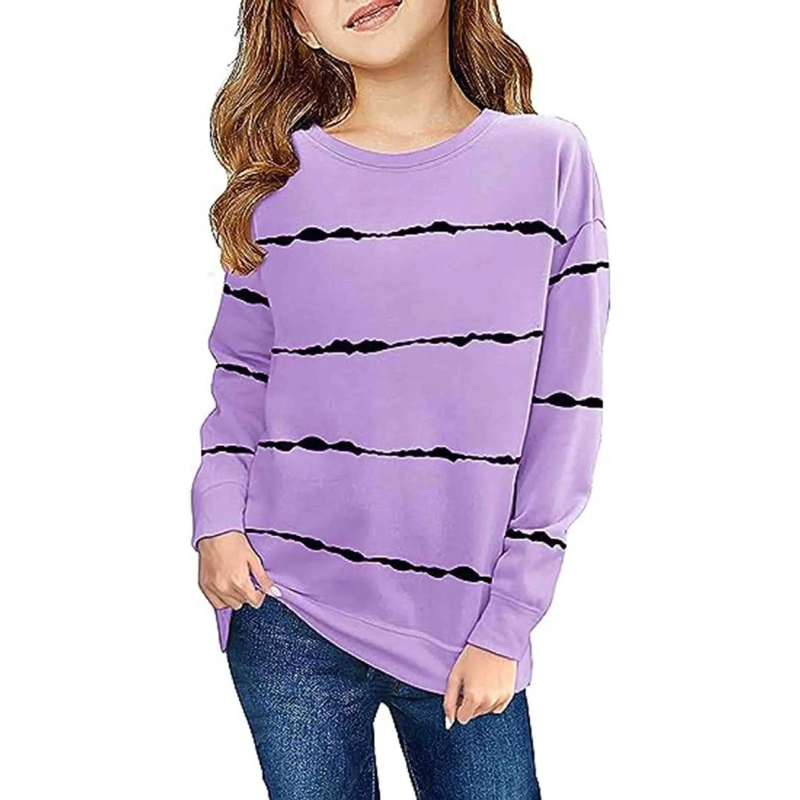 

4 To 13 Years Old Little Girls Casual T-Shirts Spring Long Sleeve Tops Striped Crewneck Tunic Kids Tee Blouses Shirt