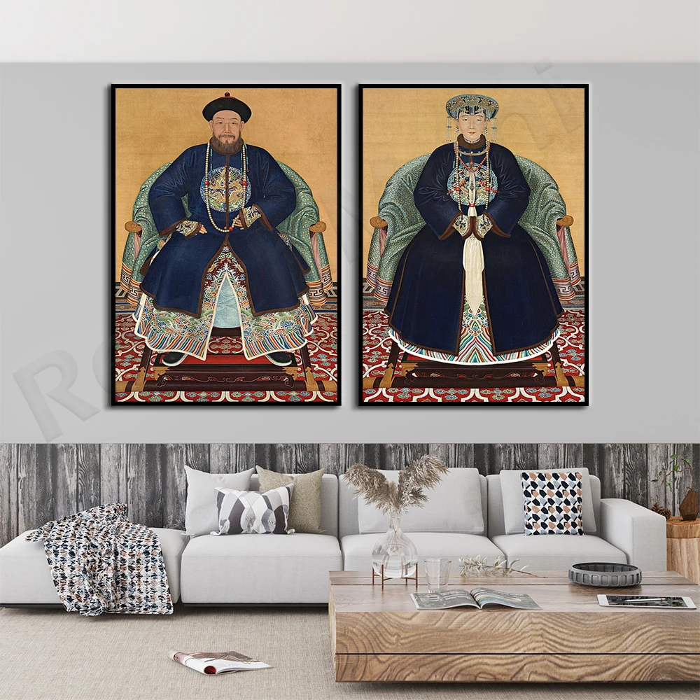 Portrait of Chinese emperor and his wife, Chinese ancestors, vintage chinoiserie art poster, Qing dynasty antique home decor