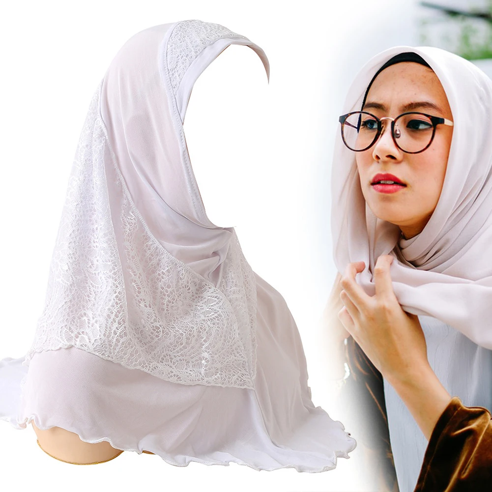 Tampão Hijab muçulmano com renda para mulheres e meninas, headwear respirável, confortável, simples